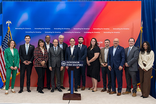 Governor Josh Shapiro holds a press conference on the Generative AI Pilot Program with ChatGPT in March 2025 at Hamburg Hall.