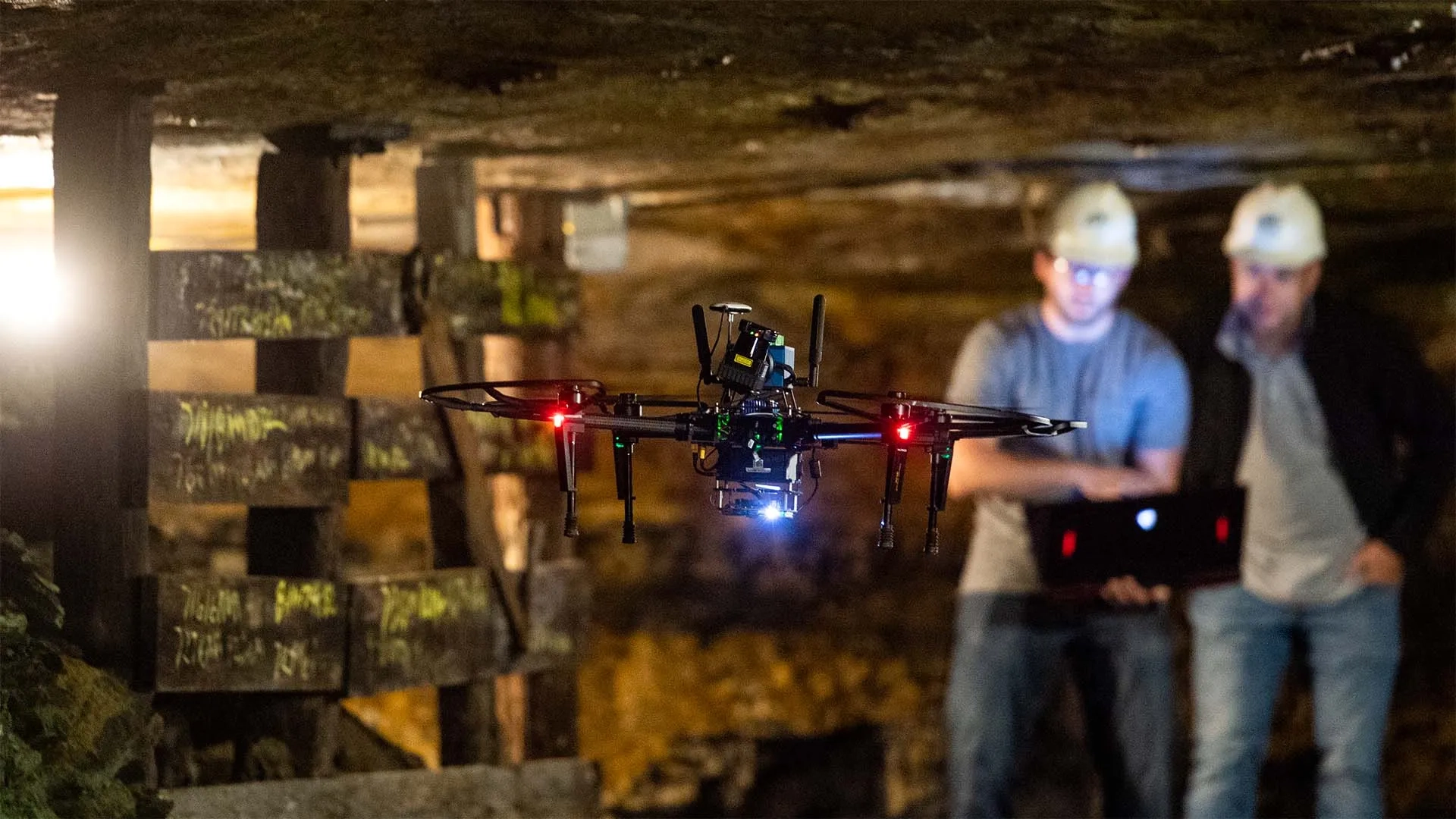 Drone being flown underground as part of a subterranean challenge.